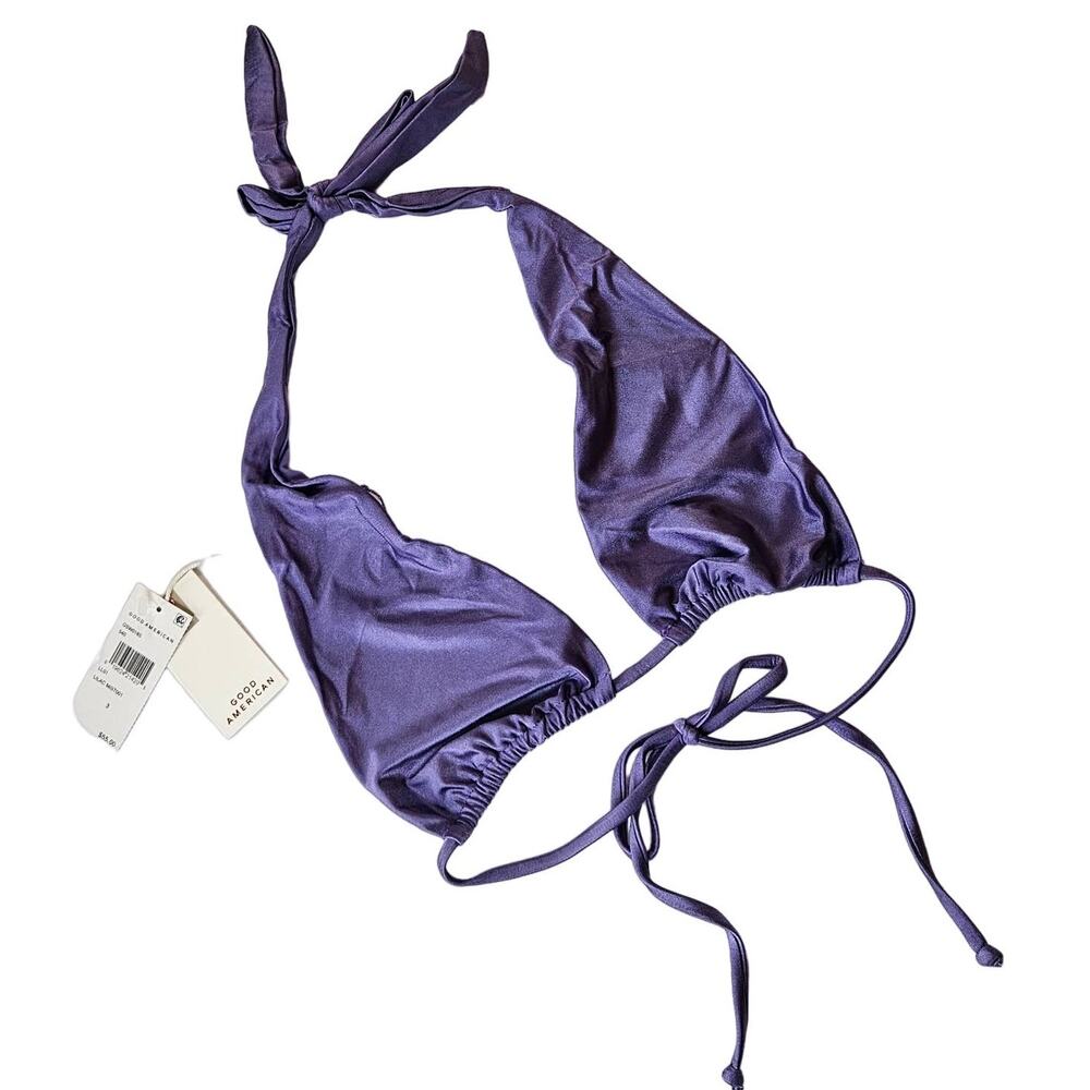 Good American Shine Ruched Halter Top Swim Lilac Mist Women's Large Beach Pool